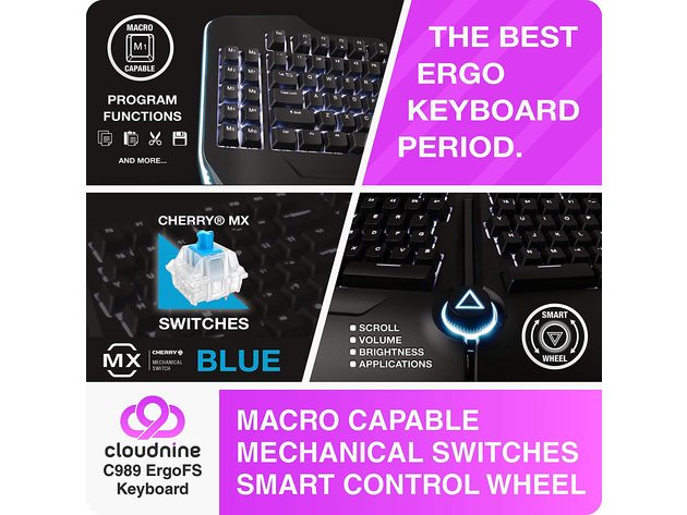 Cloud Nine C989 Ergonomic Mechanical Keyboard for PC Cherry RGB MX Blue Switches