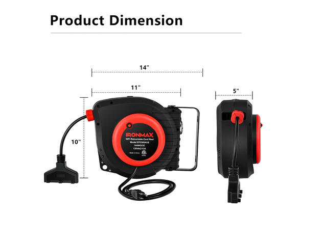 IRONMAx 50ft Retractable Extension Cord Reel Ceiling or Wall Mount w/ Triple  Tap Outlet - Black/Red