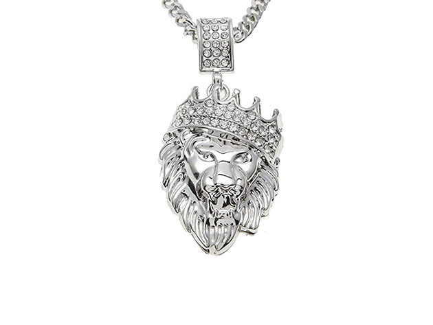 14K White Gold Plated Iced Out Lion Pendant Necklace