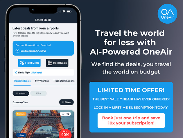 OneAir Elite: Lifetime Subscription (Book Unbeatable Hotel and Flight Deals + Earn Up to 10% in Cash Rewards on Most Bookings)