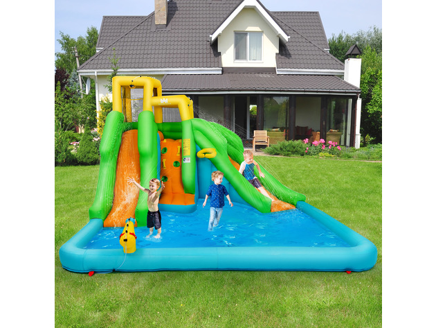 Inflatable Water Park Bounce House Two-Slide Bouncer w/Climbing Wall&480W Blower - as the picture shows