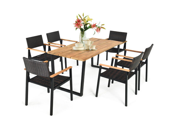 Costway 7 Piece Patio Rattan Dining Chair Table Set Solid Wood Frame Umbrella Hole Stacksocial