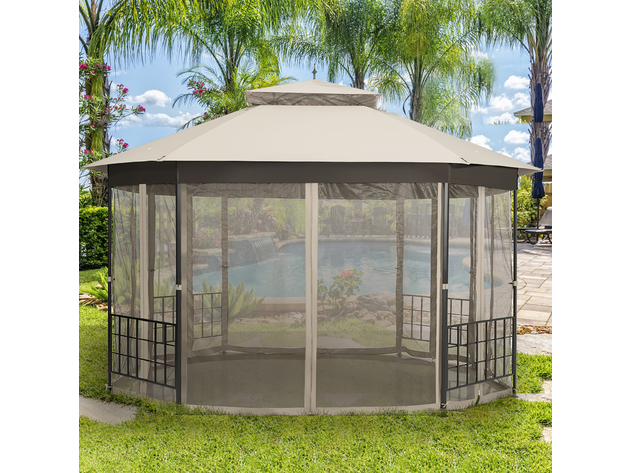 Costway 10'x12' Patio Gazebo Canopy Shelter Double Top Netting Sidewalls Beige