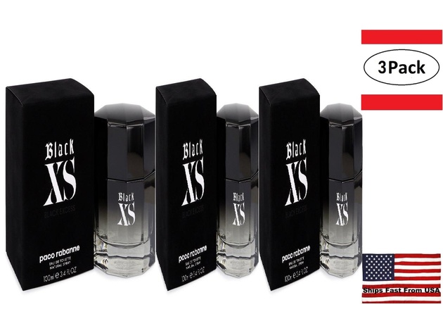 3 Pack Black XS by Paco Rabanne Eau De Toilette Spray (2018 New Packaging) 3.4 oz for Men