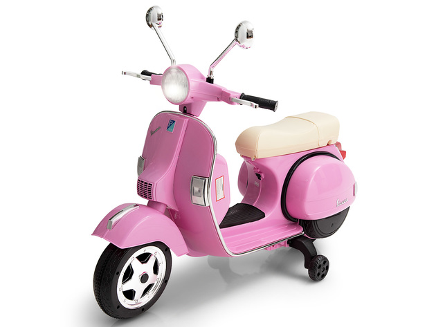 Kids Vespa Scooter, 6V Rechargeable Ride on Motorcycle w/Training Wheels - Pink