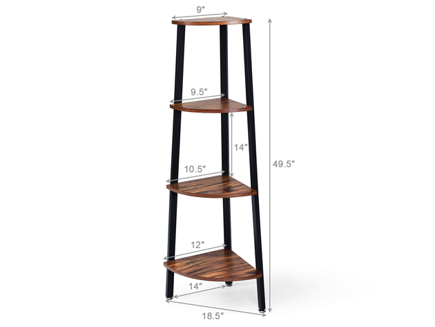 Costway 4-Tier Corner Shelf Metal Storage Rack Domestic Bookcase Display Stand Wood - Brown + black