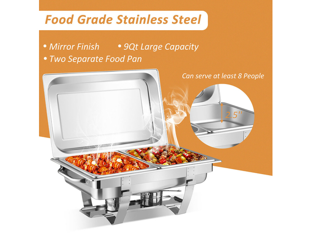 2 Packs Full Size Chafing Dish 9 Quart Stainless Steel Rectangular Chafer Buffet - Silver