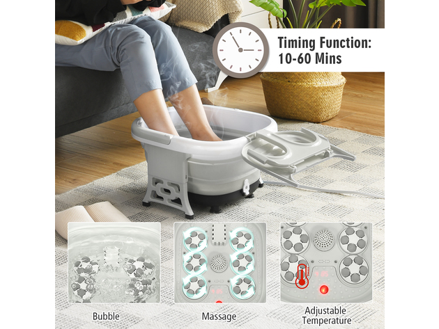 Costway Foldable Foot Spa Bath Motorized Massager w/ Bubble Red Light Timer Heat Gray