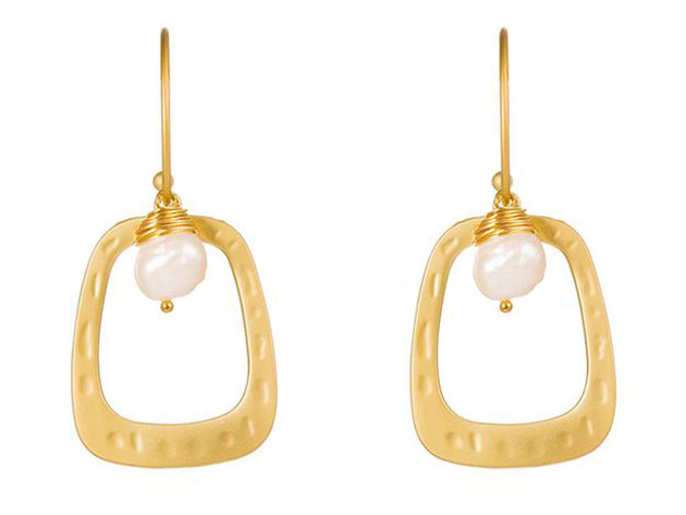 Drop Hoop Earrings Matte Gold with Baroque Pearl