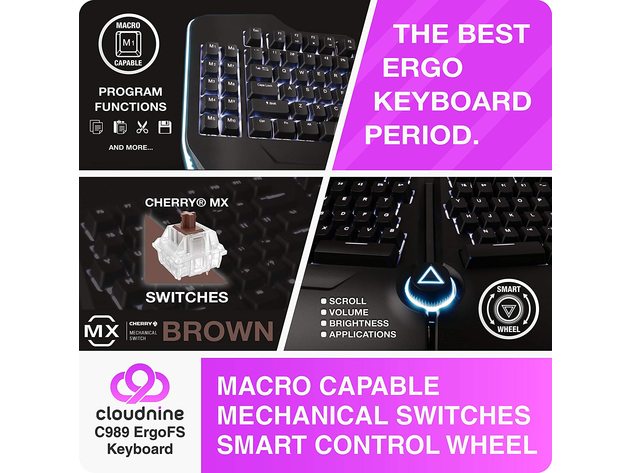 Cloud Nine C989M Ergonomic Mechanical Keyboard -Cherry RGB MX Brown Switches- (Refurbished)