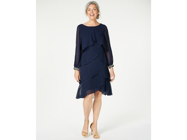 Sl Women's Fashions Long-Sleeve Tiered Chiffon Dress Navy Size 12