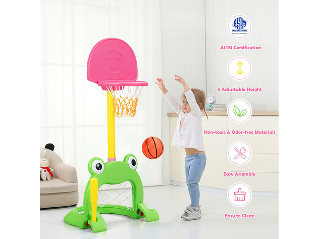 Costway 3-in-1 Kids Basketball Hoop Set Adjustable Sports Activity Center w/Balls - Pink, Yellow, Green