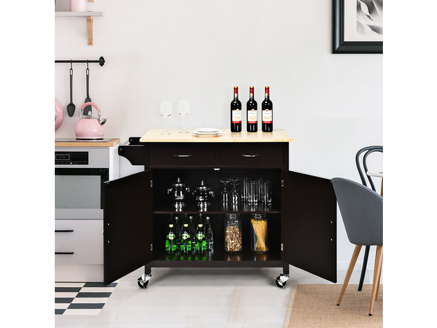 Costway Modern Rolling Kitchen Island Cart Wood Top Storage Trolley with Storage Drawers Brown - As pic