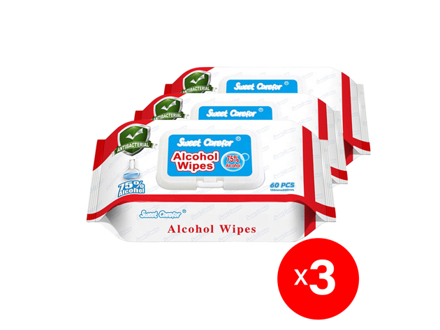 3 Pack (180 Pieces) Wipes 75% Alcohol Hand Surface Use