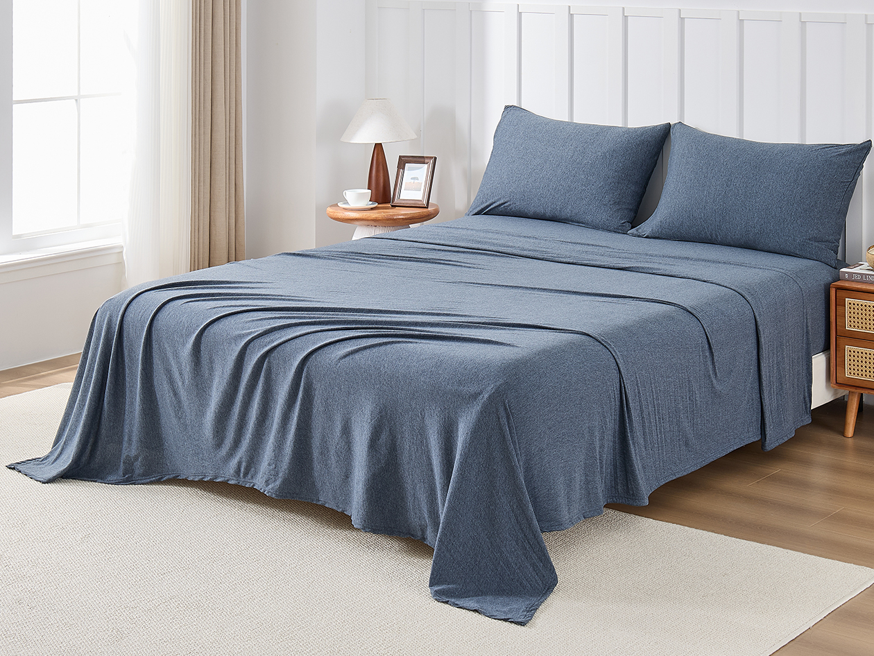 Kathy Ireland 4 Piece Heathered Jersey Knit Cotton Sheet Set (King/Denim)