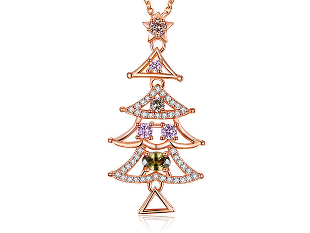 Tall Christmas Tree Necklace Ft. Rainbow Swarovski Elements (Rose Gold)