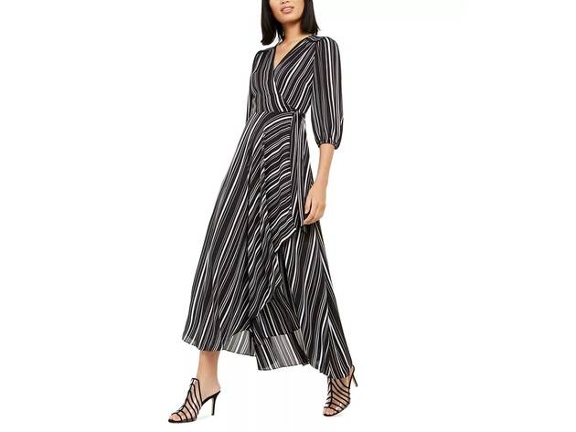 INC International Concepts Women's Volume-Sleeve Striped Wrap Maxi Dress Black Size Large