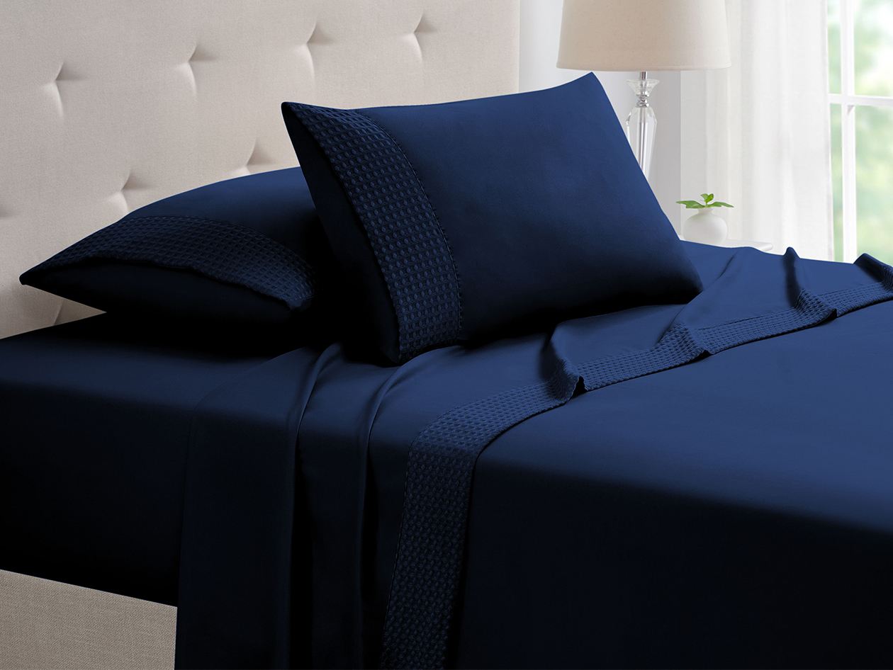 4-Piece Bamboo Blend Waffle Hem Sheet Set (Navy/King)