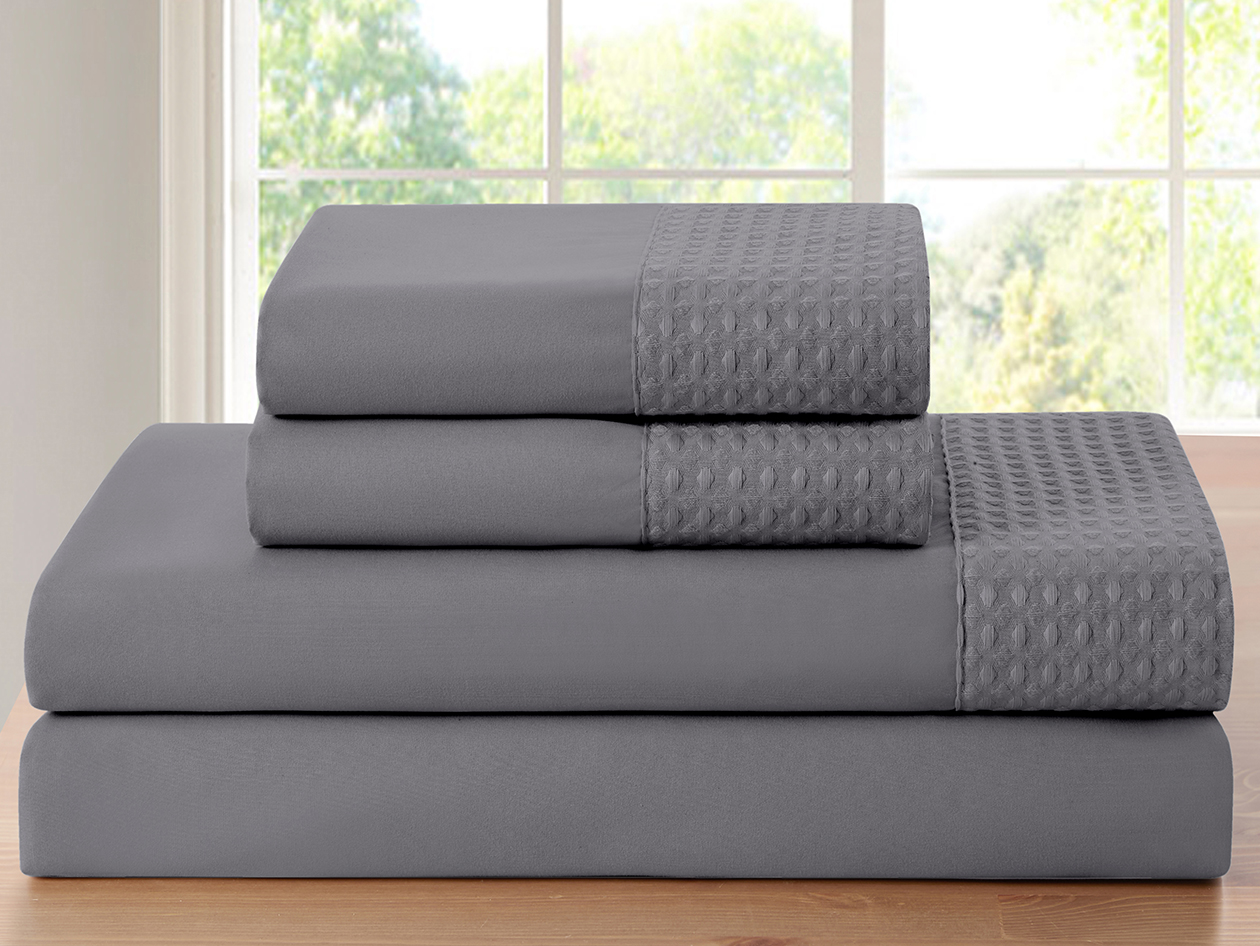 4-Piece Bamboo Blend Waffle Hem Sheet Set (Gray/Twin)