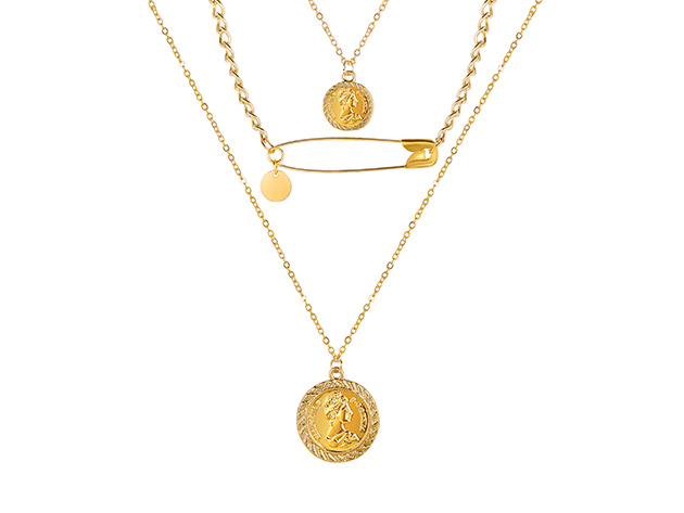 18K Gold Plated Coin & Pin 3-Piece Necklace