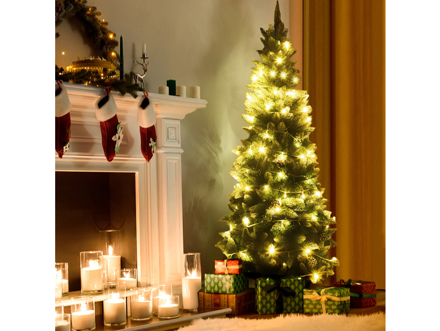 Costway 6ft Snow Flocked Unlit Pencil Christmas Tree Hinged Pine Cones - Green, White