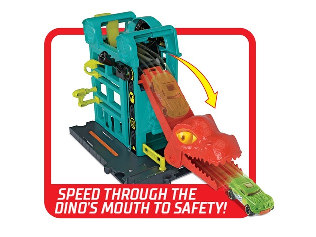Hot Wheels Downtown Speed Shop Escape Dinosaur and Hot Wheels Storytelling Playset, Suggested For Kids Ages 4-8
