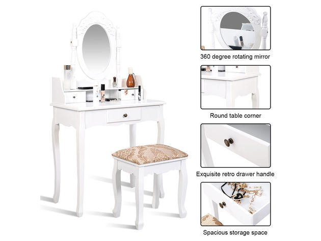 Costway Vanity Table Jewelry Makeup Desk Bench Dresser Stool White