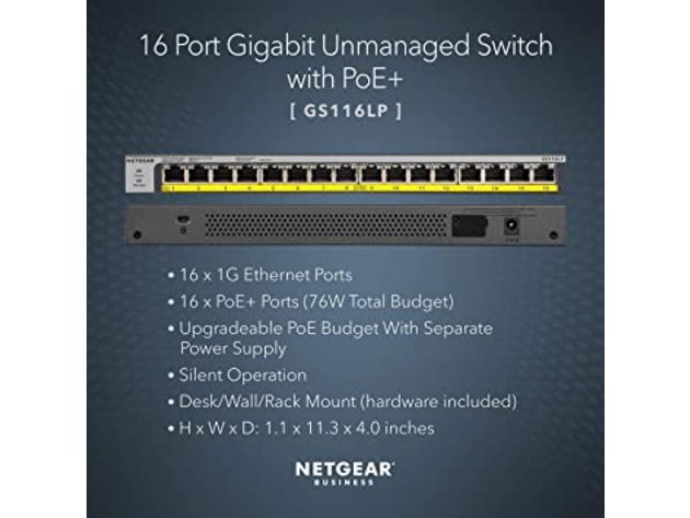 NETGEAR GS116LP 16-Port Gigabit Ethernet Unmanaged PoE Switch with 16 x PoE+ 76W (Used, Open Retail Box)