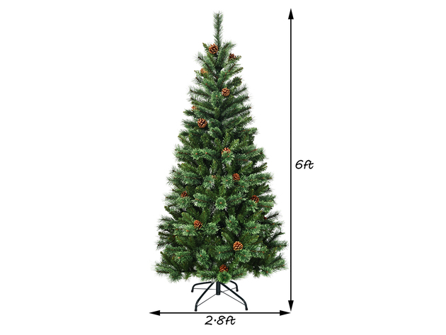 Costway 6 ft Premium Hinged Artificial Christmas Tree Mixed Pine Needles w/ Pine Cones - Green