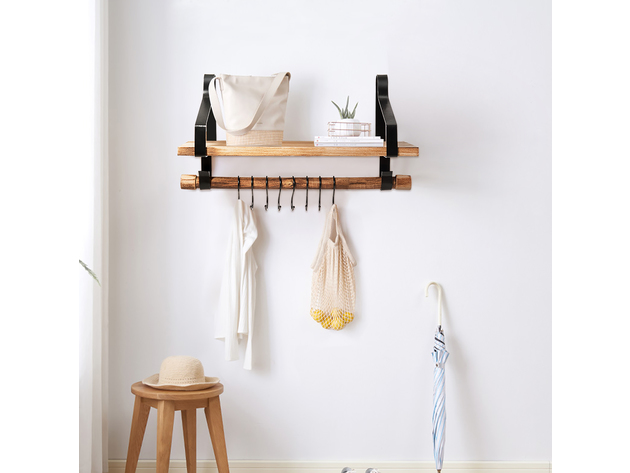 Costway Wood Floating Shelf Wall Mount Shelf W/Removable Towel Bar