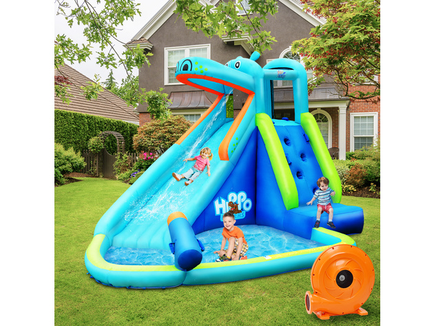 Costway Inflatable Kids Hippo Bounce House Slide Climbing Wall Splash Pool w/740W Blower - Blue