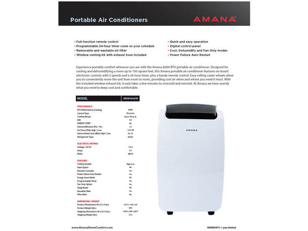 Amana AMAP084AW 8000 BTU Portable Air Conditioner