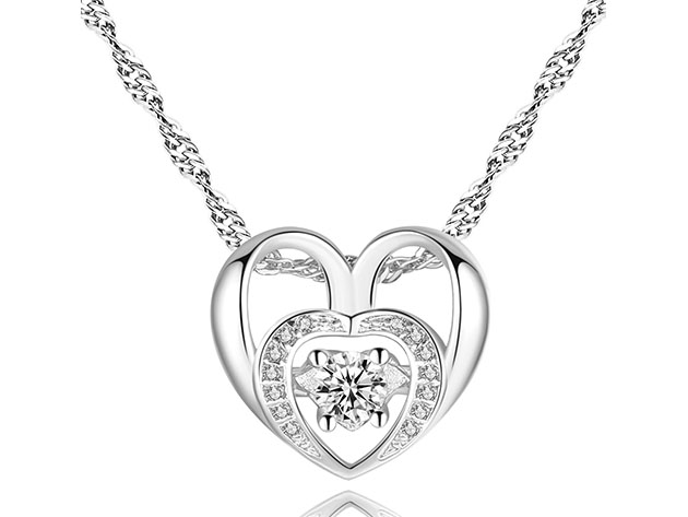 Double Heart Necklace with 18K White Gold Plating & Cubic Zirconia 