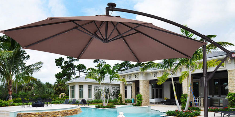 Costway 10' Hanging Solar LED Umbrella Patio Sun Shade Offset Market W/Base Tan