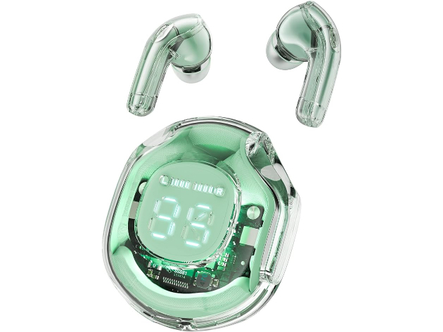 Transparent Bluetooth Earbuds with LED Power Display Charging Case Green