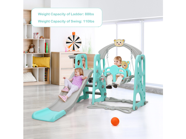 Costway 4-in-1 Toddler Climber and Swing Set w/ Basketball Hoop & Ball Pink\Green - Green