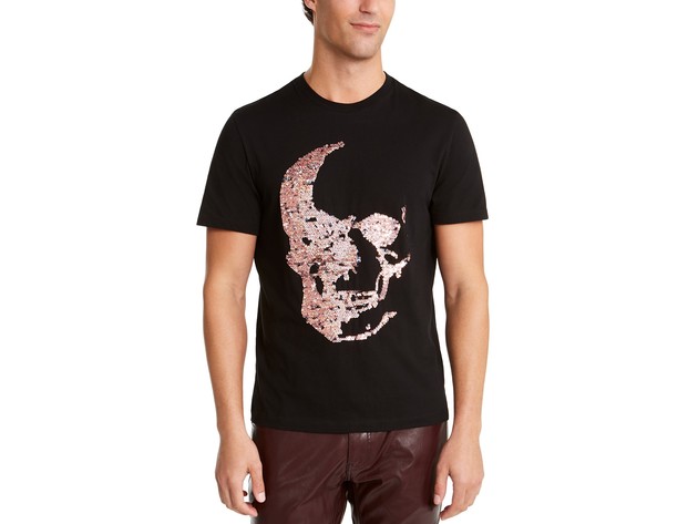 INC International Concepts Men's Renew Sequin Skull T-Shirt Deep Black Size  Large