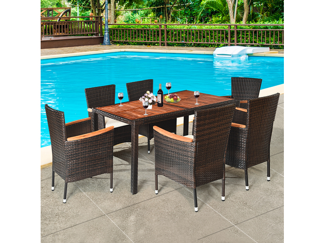 Costway 7 Piece Patio Rattan Dining Set 6 Stackable Chairs Cushioned - Brown