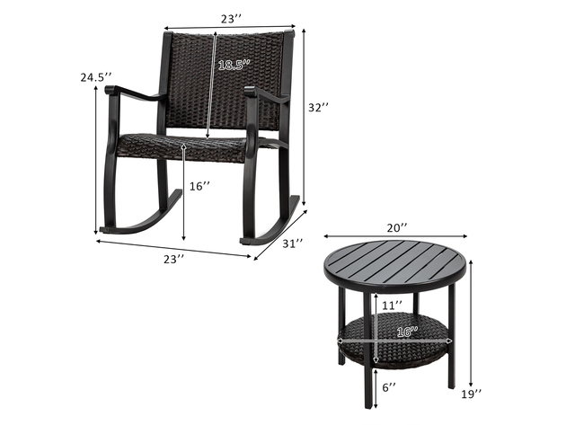 Costway 3 Piece Patio Rattan Rocking Chair Bistro Set Coffee Table Storage Shelf - Dark Brown