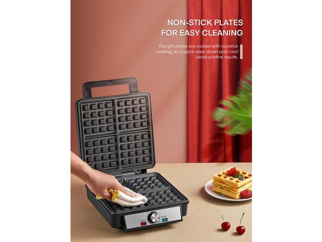AICOOK 4 Slices Square Belgian Waffle Maker, 1200W, Non-Stick Surfaces, Anti-Overflow, Adjustable Temperature, Stainless Steel Construction, LED Indicator