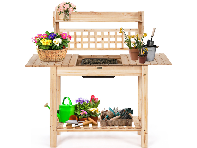 Costway Garden Potting Bench Workstation Table w/Sliding Tabletop Sink Shelves - Natural