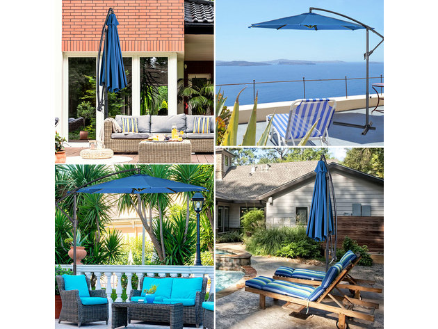 10' Hanging Umbrella Patio Sun Shade Offset Outdoor Market W/ Cross Base Blue 