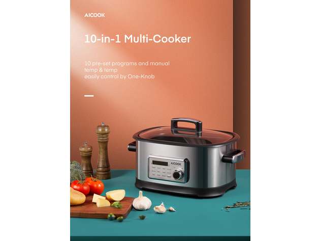 AICOOK 6.5qt Slow Cooker, 1500W, 10-in-1 Programmable Cooker, Electric Cooker with Digital Timer, Adjustable Temp & Time, Automatic Keep Warm