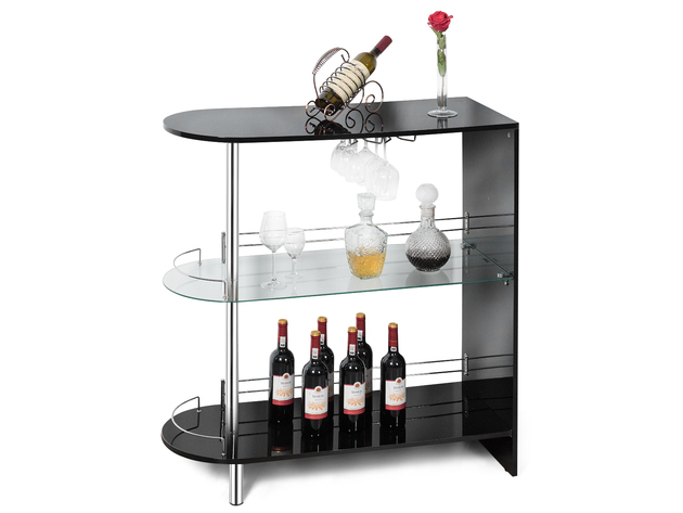 Costway Bar Table Wine Storage Unit w/Tempered Glass Shelf & Glass Holders Glossy Black