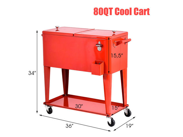 Costway 80-quart Cooler Beer Cart Outdoor Entertaining Rolling Party Steel Bar Bistro - Red