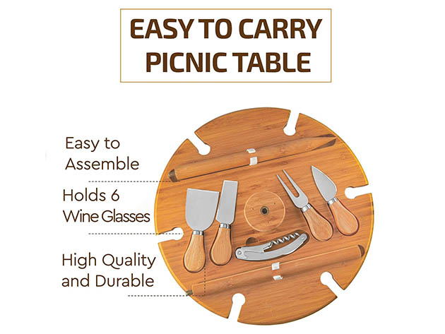Bambüsi Portable Wine & Picnic Table with Cutlery Cheese Set