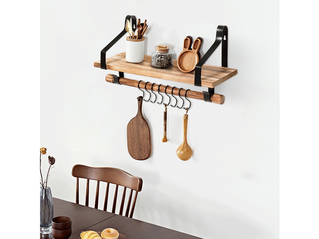 Costway Wood Floating Shelf Wall Mount Shelf W/Removable Towel Bar