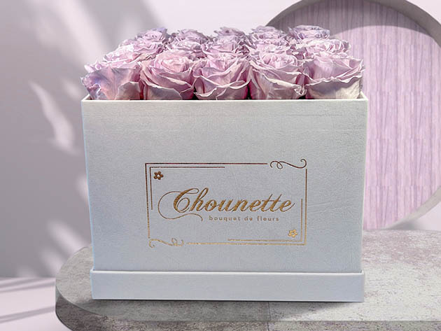 Chounette Preserved Roses (25 Lavender Roses/White Box)