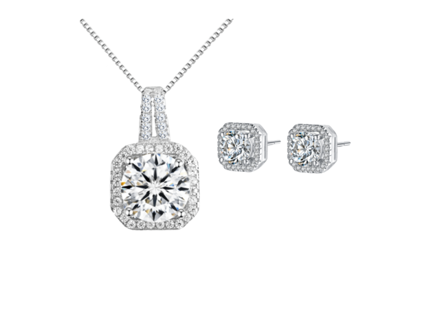 White Gold and Cubic Zirconia Necklace and Earring Set for Women