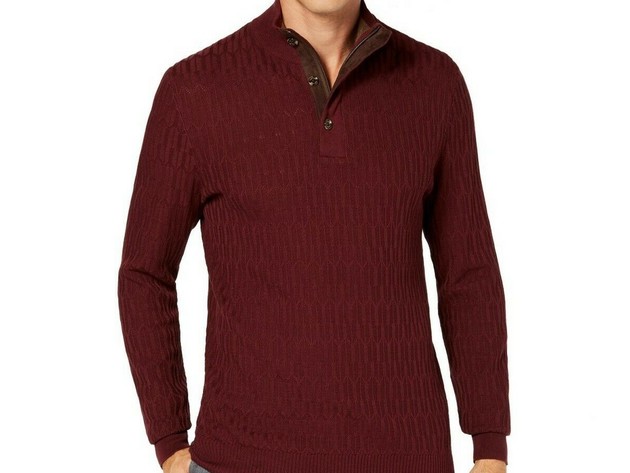 Tasso Elba Mens Faux Suede Knit Sweater, Brown, Small at